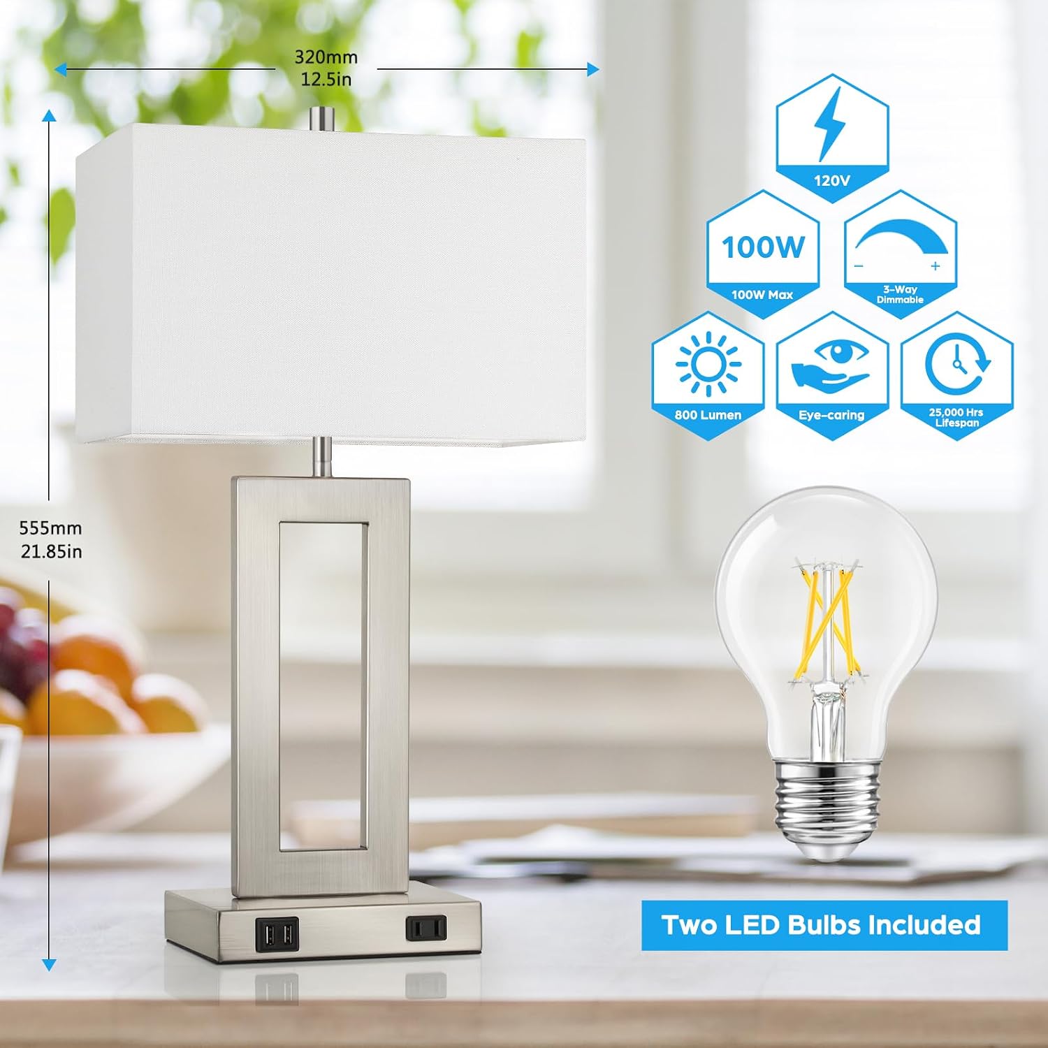 Tobusa 22'' Tall Table Lamps for Bedroom Set of 2, Silver Bedside Touch Control Lamp with 2 USB Ports&AC Outlet, Modern Living Room Table L…