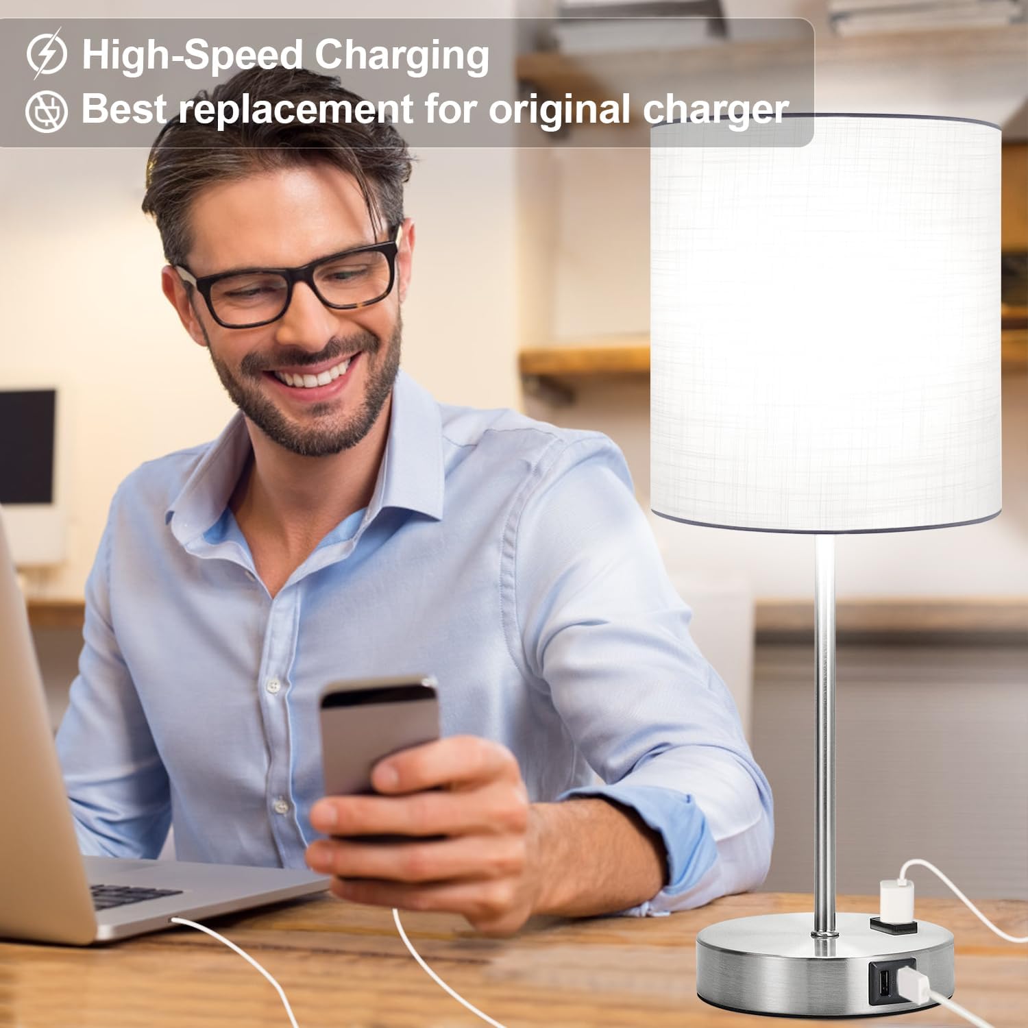 Lynnoland Set of 2 Touch White Table Lamps with 2 USB Ports & AC Outlet, 3-Way Dimmable Bedside Nightstand Lamps for Bedroom Living Room…