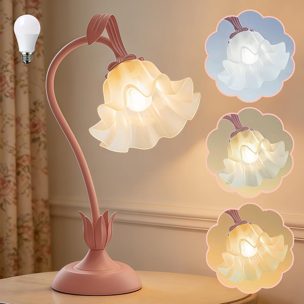 Bedside Table Lamp for Bedroom, Vintage Flower Table Lamps, LED Reading Light 3 Color Modes Bedside Lamps, Nightstand Lamp Kawaii Desk…
