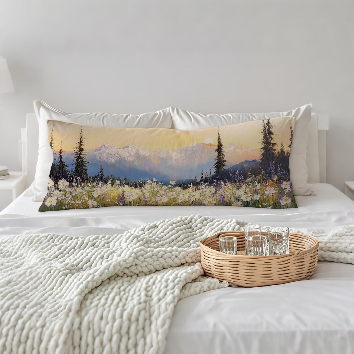 Farmhouse Wildflowers Floral Mountain 20x54 Body Pillow Cover, Cottagecore Room Decor, Rustic Country Forest Nature Landscape Decorative…
