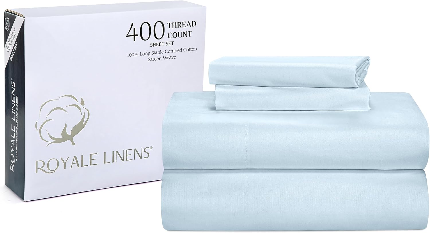 Royalelinens ROYALE LINENS 400 Thread Count 100% American Grown Cotton 4 Piece Sateen King Sheet Set - 1 Fitted Sheet, 1 Flat Sheet, 2 Pill…