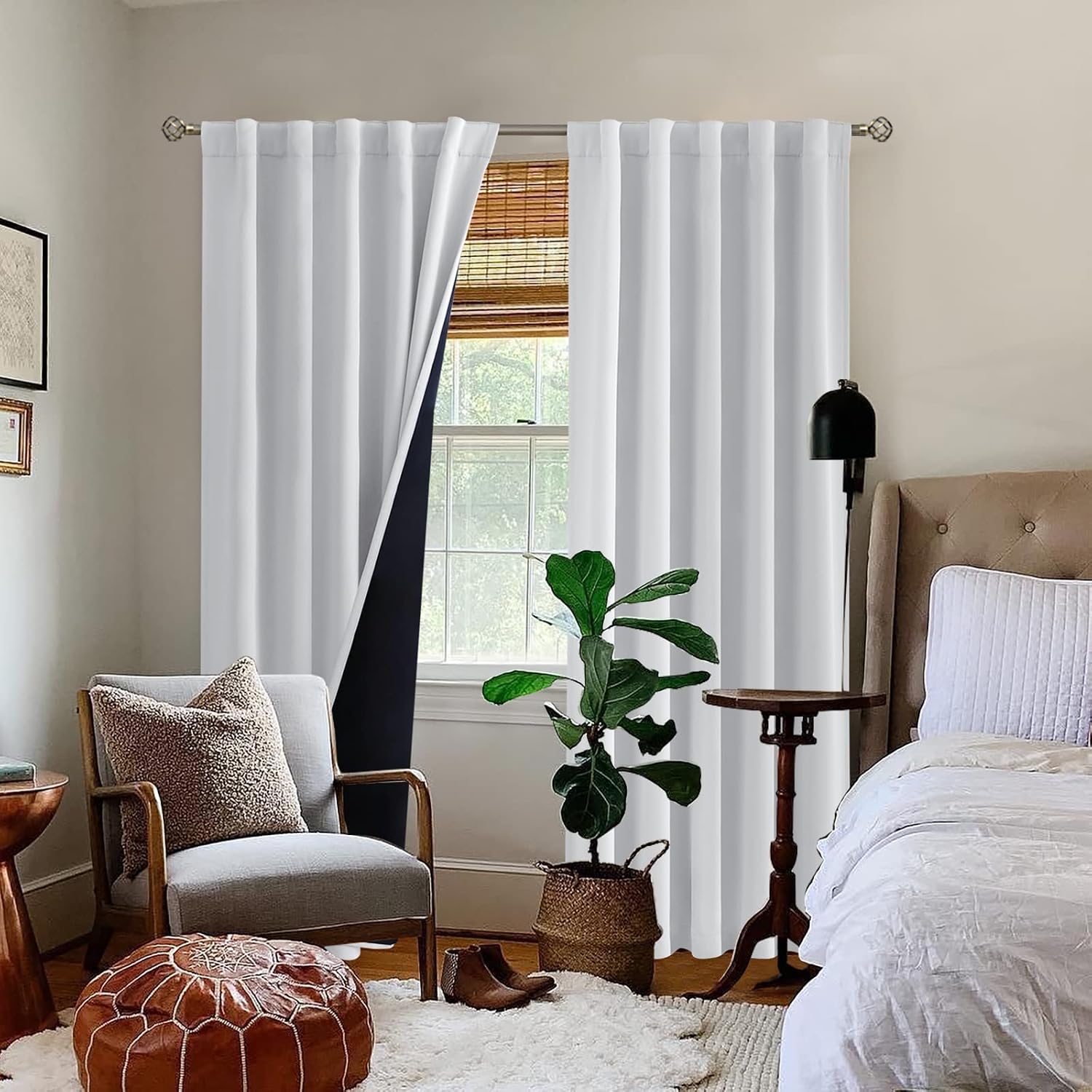 BGment Greyish White 100% Blackout Curtains 84 Inches Long with Noise-reducing Liner, Rod Pocket and Back Tab Double Layer Room Darkening…