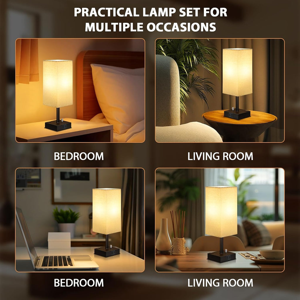 aooshine Fully Dimmable Nightstand Lamps Set of 2 - Table Bedside Lamp with USB C+A Charging Ports & 2 AC Outlets, Square Lamp Sets Linen…