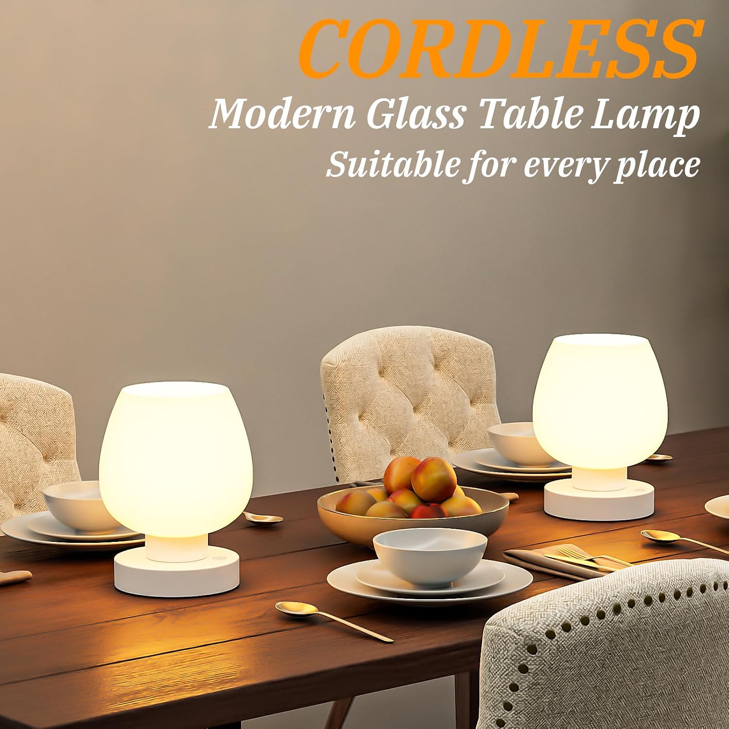 Seealle Cordless Touch Table Lamp for Nightstand - Small Bedside Lamp for Bedroom Night Stands, Desk Lamp with White Glass Shade for…