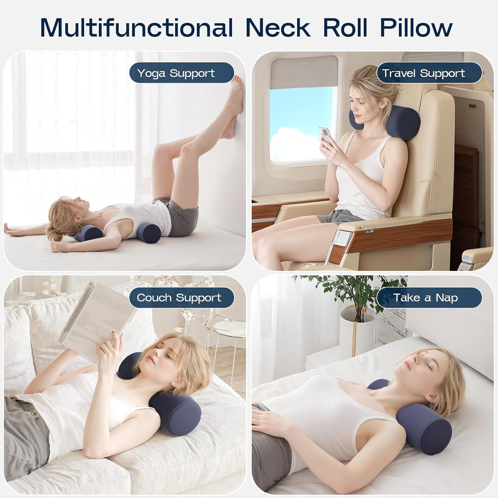 Forcanby Neck Roll Pillow for Neck - Memory Foam Neck Support Pillow for Bed | Round Neck Pillow for Sleeping, 15.7 * 6 * 6inch ((Navy-Blue…