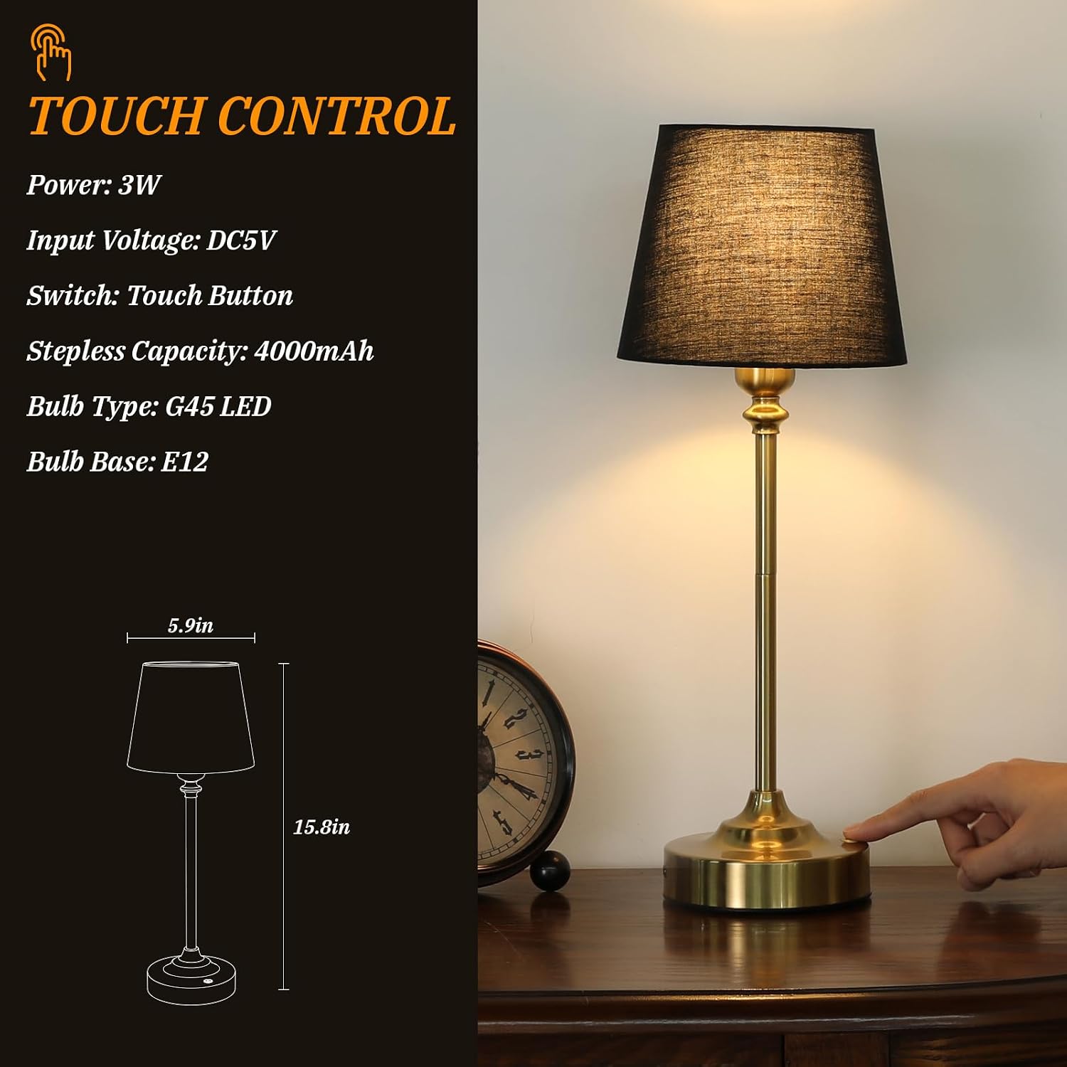Kakanuo Cordless Table Lamps Rechargeable Set - 2 Pack Brass 4000mAH Battery Operated Lamps for Decor, 3000K Stepless Dimming Touch…