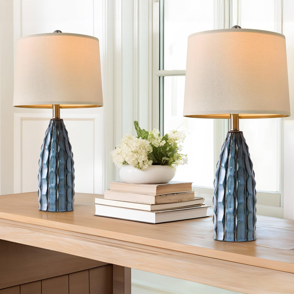 USumkky Ceramic Table Lamps Set of 2, 23.75" Modern Farmhouse Bedside Lamp - Blue Nightstand Lamps for Bedroom, Boho Living Room End…
