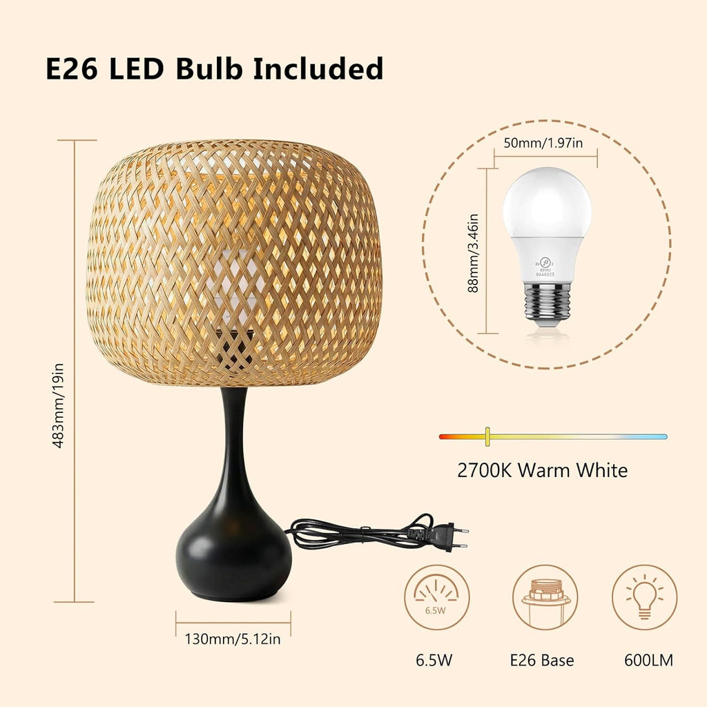 ONEWISH Touch Bedside Lamp for Bedroom, 3-Way Dimmable Table Lamps for Nightstand, Handwoven Bamboo Shade Desk Lamp for Living Room, Home…