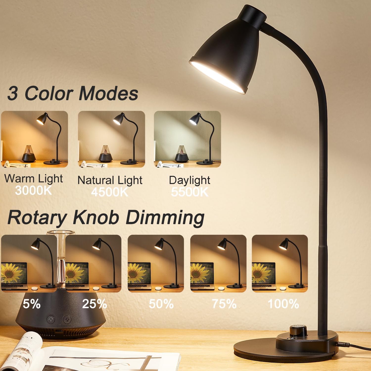 BOHON LED Desk Lamp with USB Charging Port 3 Color Modes Dimmable Reading Light Intelligent Induction Auto Dimming Task Lamp Neck…