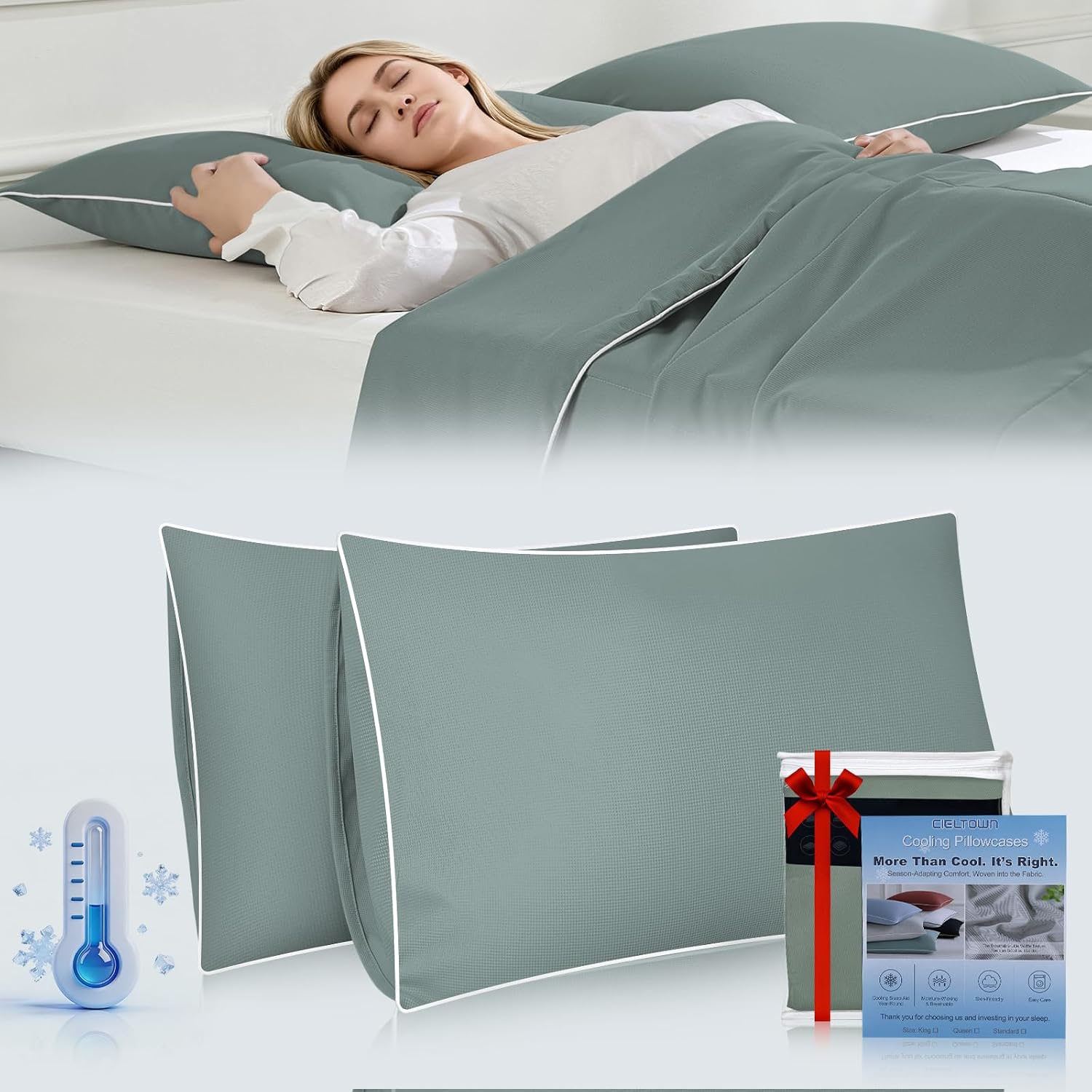 Cieltown Cooling Pillow Cases for Hot-Sleepers: Q-Max ≥0.4 Nylon Spandex Cool-to-Touch for Night Sweats - Waffle Weave for Dry & Com…