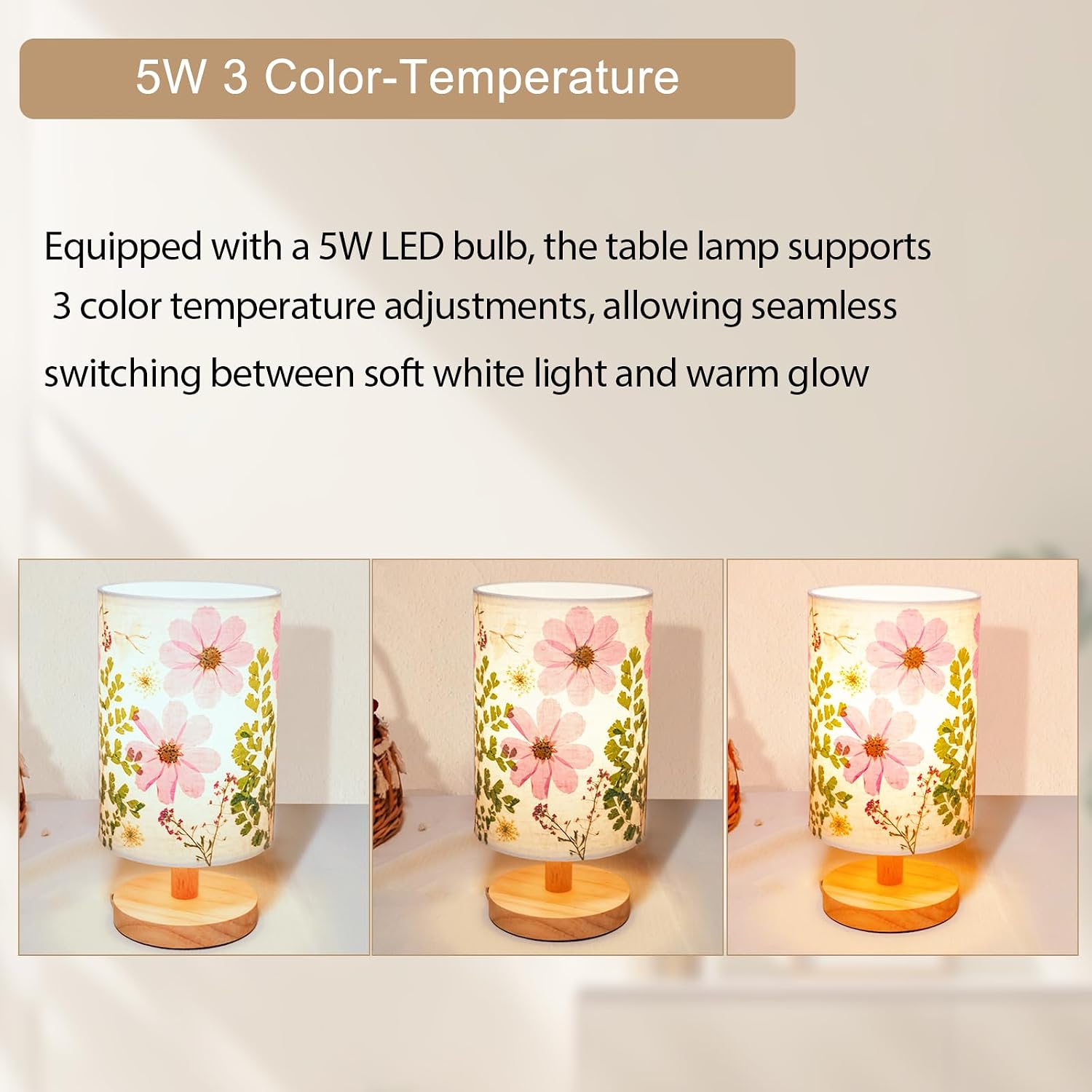 Dried Flowers Small Table Lamp 5W LED 3-Color Bedside Lamp Pressed Flowers Lampshade with Wood Base for Bedroom Living Room Desk Nursery