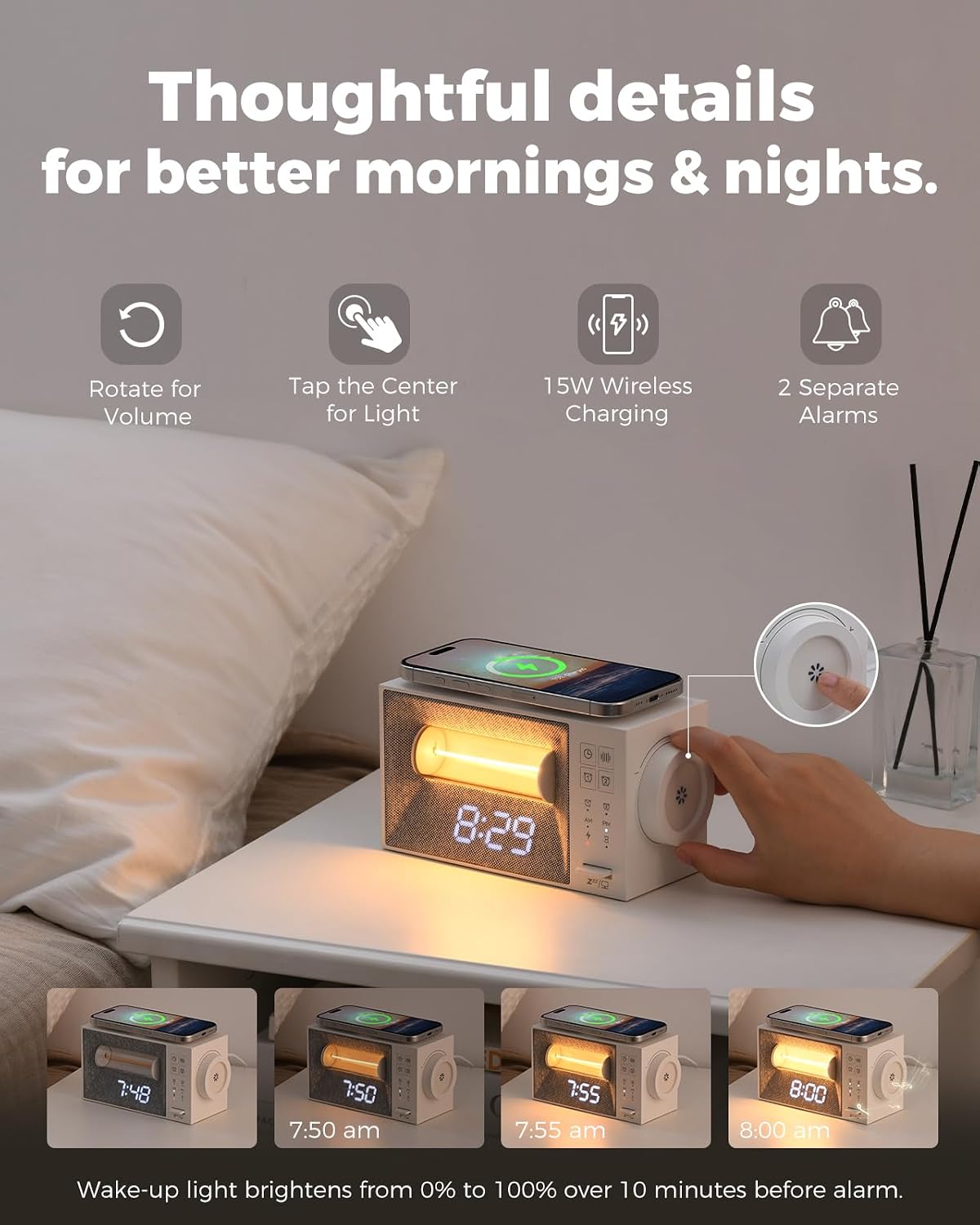 BokefoPersonalCare Alarm Clock with 15W Wireless Charger, White Noise Machine with 20 Soothing Sounds, Sunrise Wake Up Light for Bedrooms,…