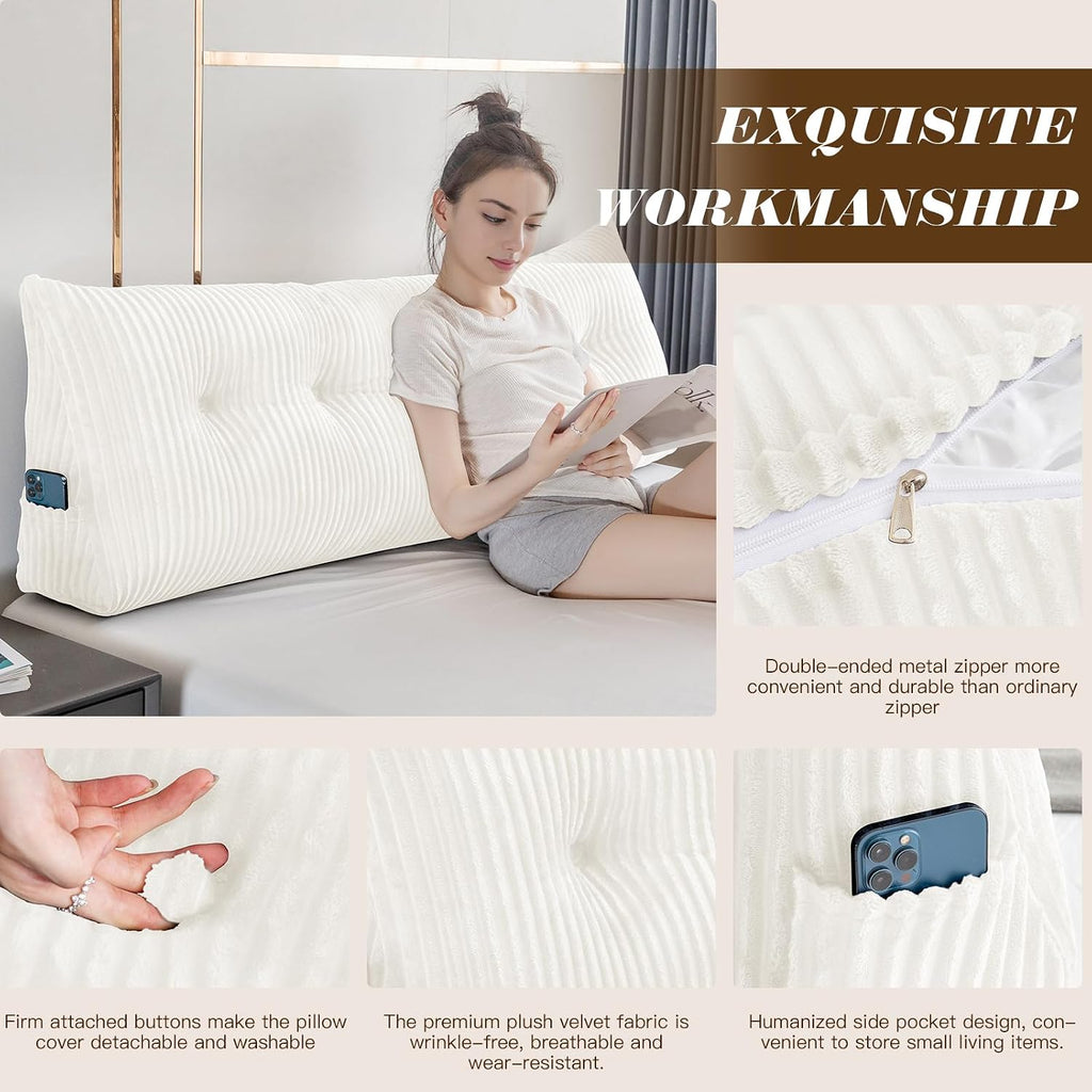 Large Triangular Headboard Wedge Bed Rest Reading Pillow Backrest Positioning Support Bolster Cushion with Removable Cover (White, King…