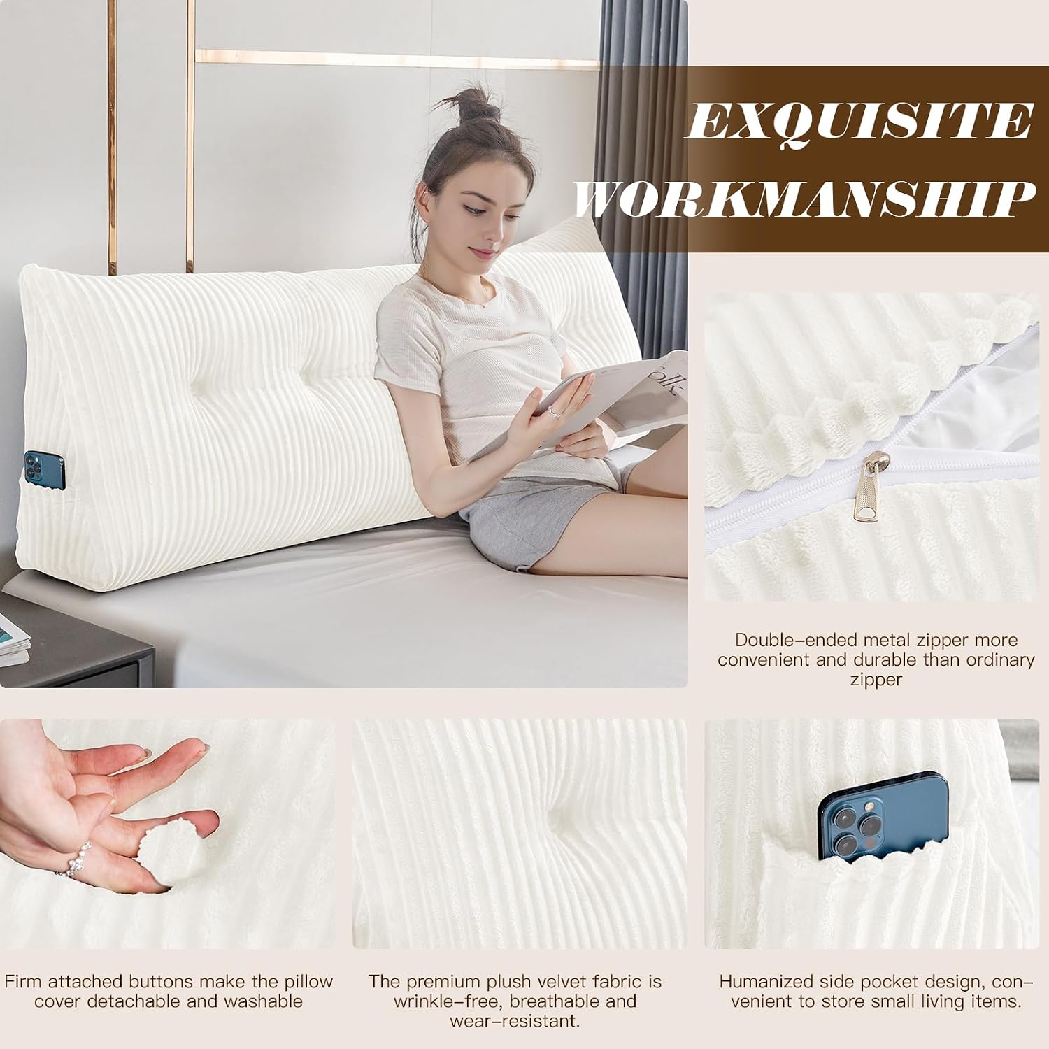 Large Triangular Headboard Wedge Bed Rest Reading Pillow Backrest Positioning Support Bolster Cushion with Removable Cover (White, King…