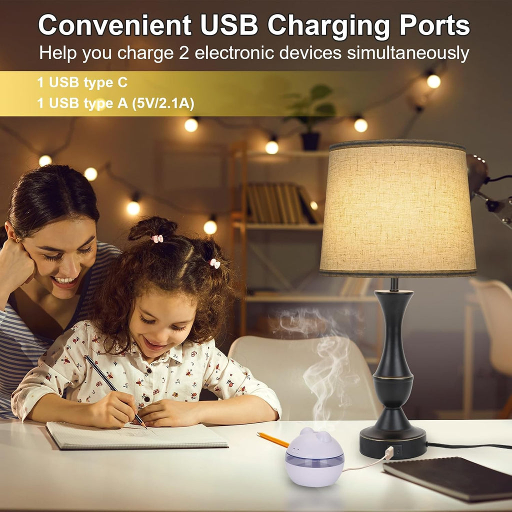 LALISU Touch Lamps for Bedrooms Set of 2, Farmhouse Table Lamp with USB C Charging Port, 3 Way Dimmable Nightstand Lamps with Linen…