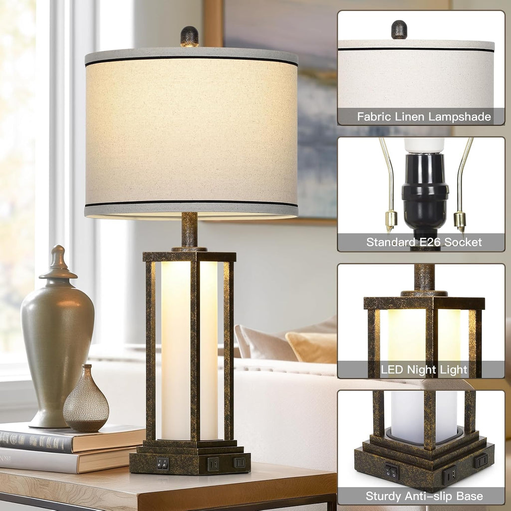 Cinkeda 27" Tall Vintage Table Lamp with USB C+A & Outlet, Bronze Industrial End Table Lamp for Living Room, Farmhouse Rustic Bedside Lamp…