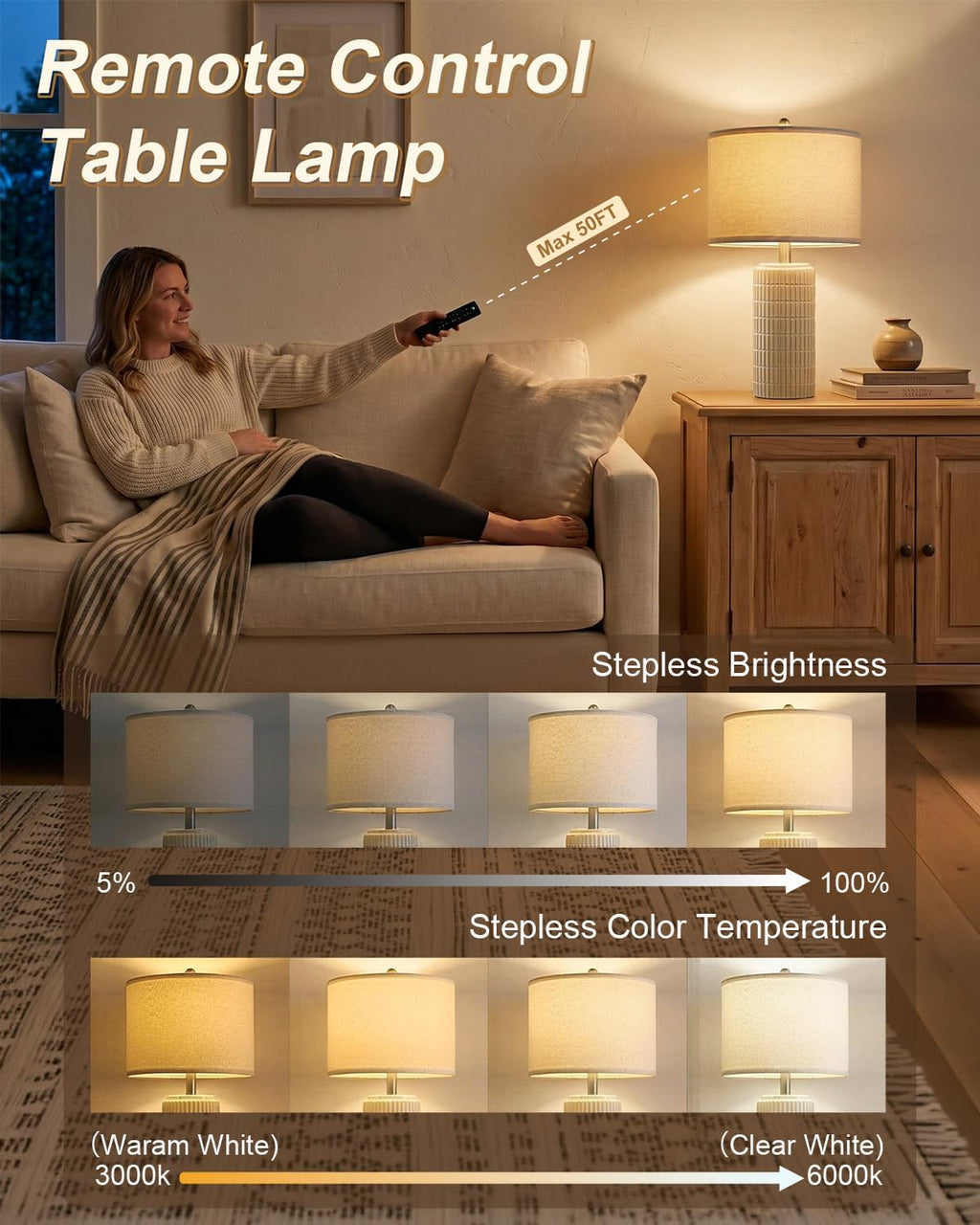 PoKat 23'' Dimmable Table Lamps with Remote for Living Room, Modern Stepless Adjustable Bedside Lamps Set of 2 for Bedroom, Nightstand…