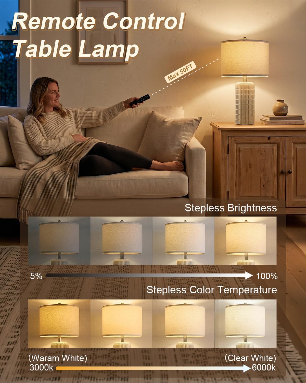 PoKat 23'' Dimmable Table Lamps with Remote for Living Room, Modern Stepless Adjustable Bedside Lamps Set of 2 for Bedroom, Nightstand…