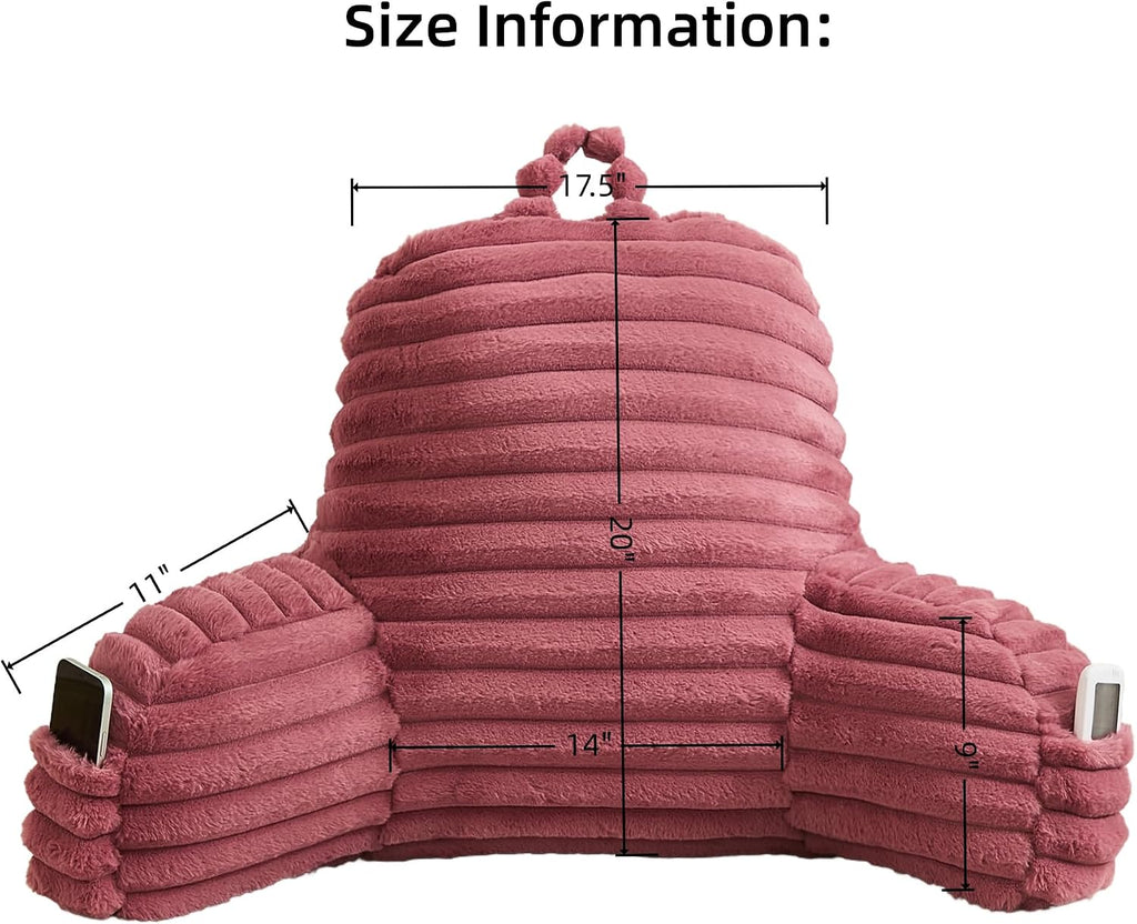 Memfydu Faux Fur Fluffy Dusty Rose Reading Pillow with Pockets, Luxury Striped Plush Decorative, Arm Rests and Back Support for Bed Rest, L…