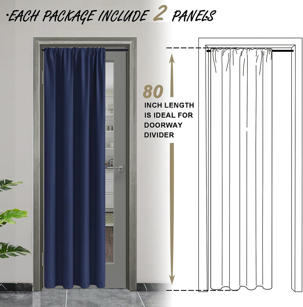 Jiuzhen Blackout Doorway Curtains 80 inch Length - 2 Panels Thermal Insulated Privacy Soundproof Rod Pocket Closet Door Curtains Room Divid…