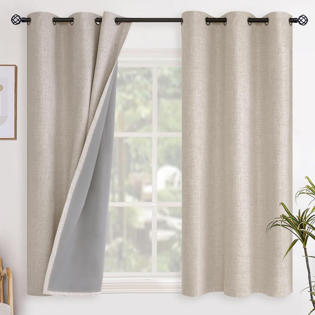 YoungsTex Oatmeal Linen Blackout Curtains 45 Inch Length for Bedroom Kitchen Window, Thermal Insulated Short Drapes with Grommet Heat Block…
