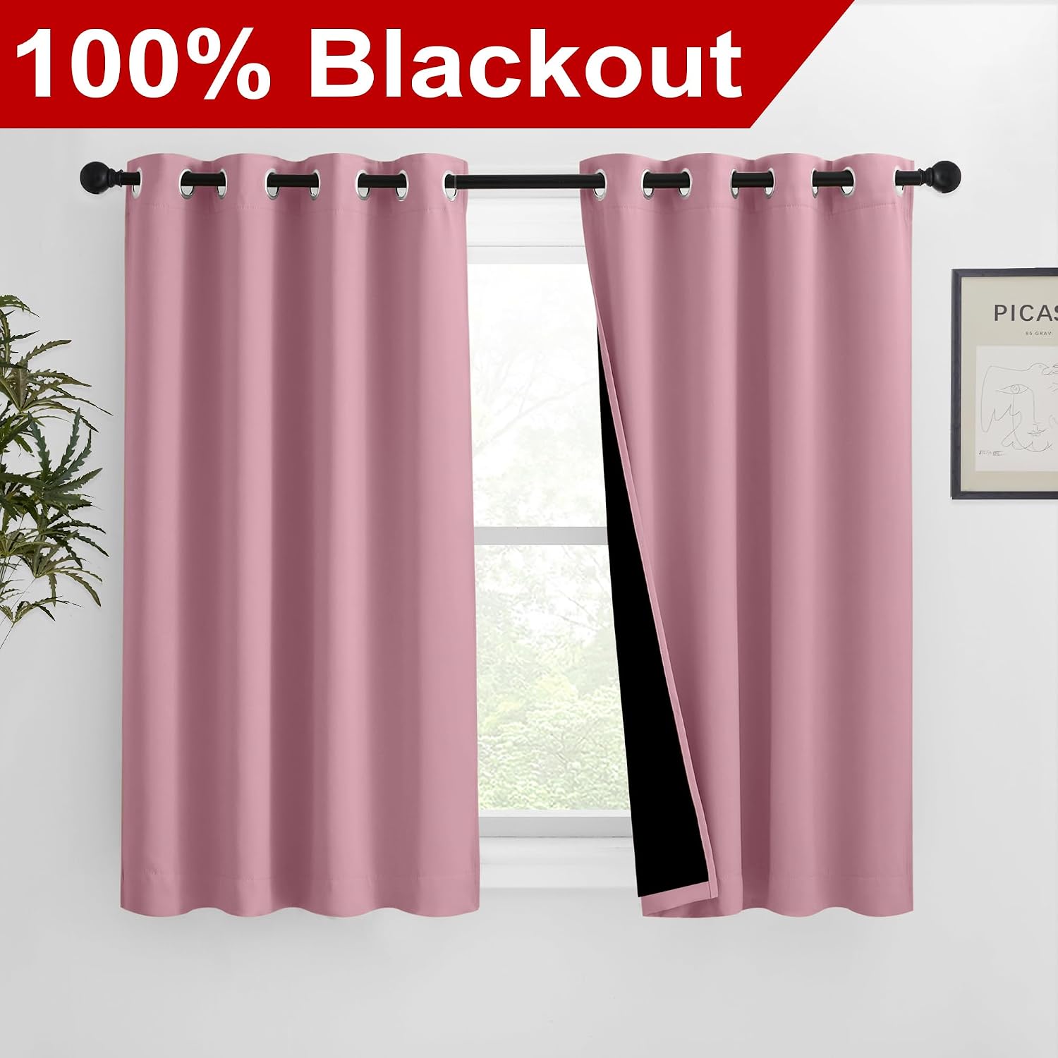 Nicetown 100% Blackout Curtains with Black Liners, Solid Thermal Insulated Full Blackout 2-Layer Lined Drapes, Energy Efficiency Window Dra…