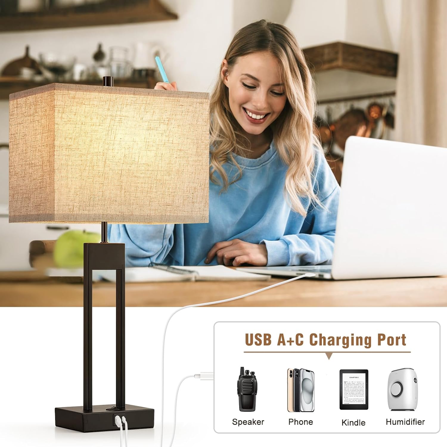 Extra Large 25.5" Nightstand Table Lamps for Bedrooms Set of 2, Bedside Lamp with USB C+A, Colors Changeable Living Room Lamps for End…