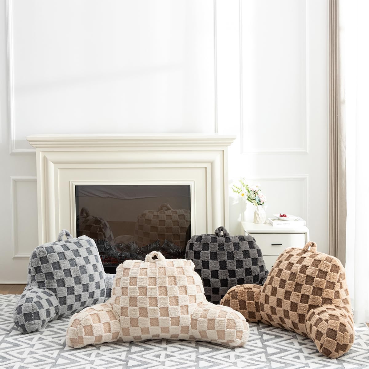 Holawakaka Checkered Reading Pillow for Bed and Sofa Couch Sitting Up, Backrest Pillows with Arms for Kids Teens Adults, Back Support Cushi…