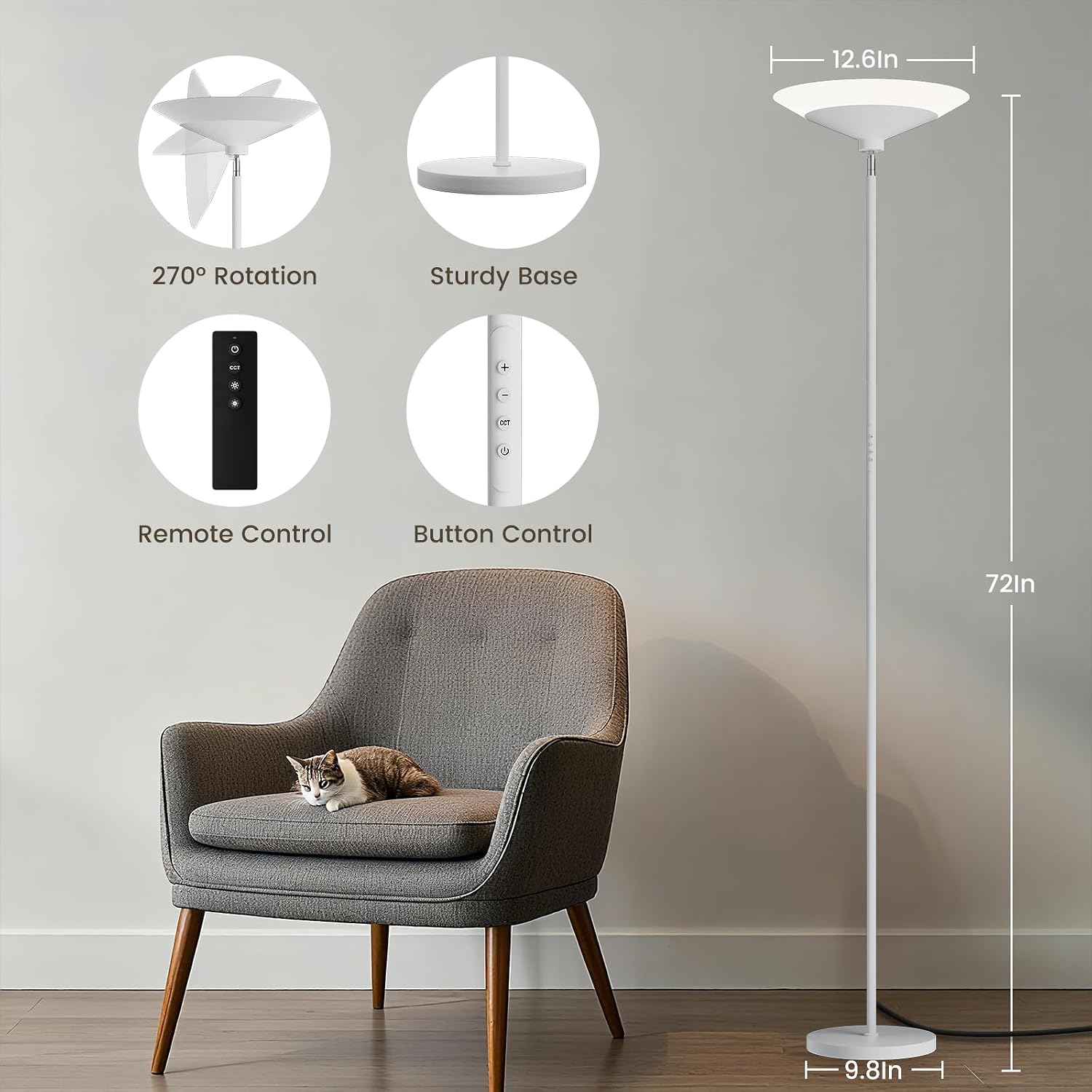 SIBRILLE White Torchiere Floor Lamp - 30W Dimmable LED Standing Lamp with Remote/Button Control, 1800Lm, 3000-6500K, 72in Bright Standing…