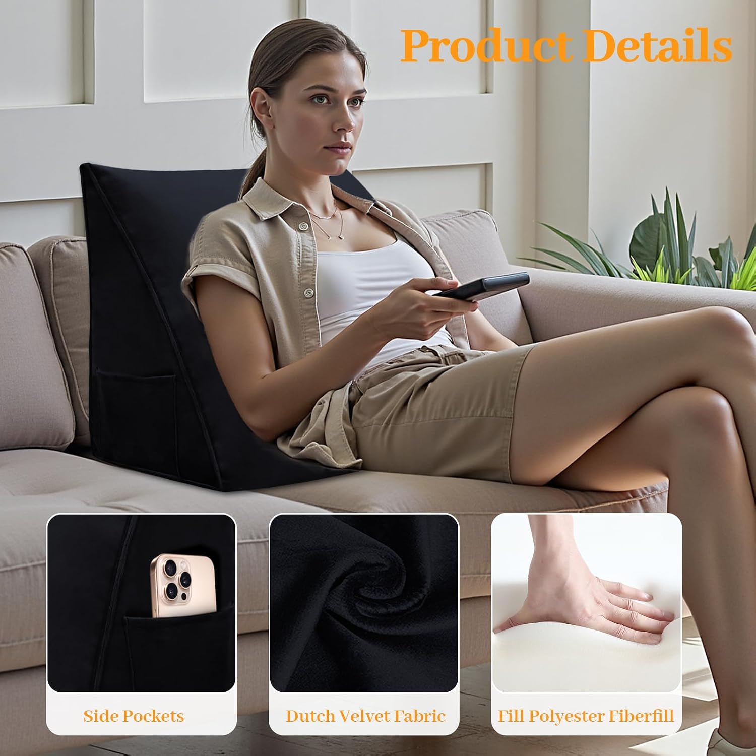 Wedge Headboard Pillow Reading Backrest Pillow for Sitting in Bed Sofa Dorm with Removable Cover Side Pockets Dutch Velvet Fabric Black