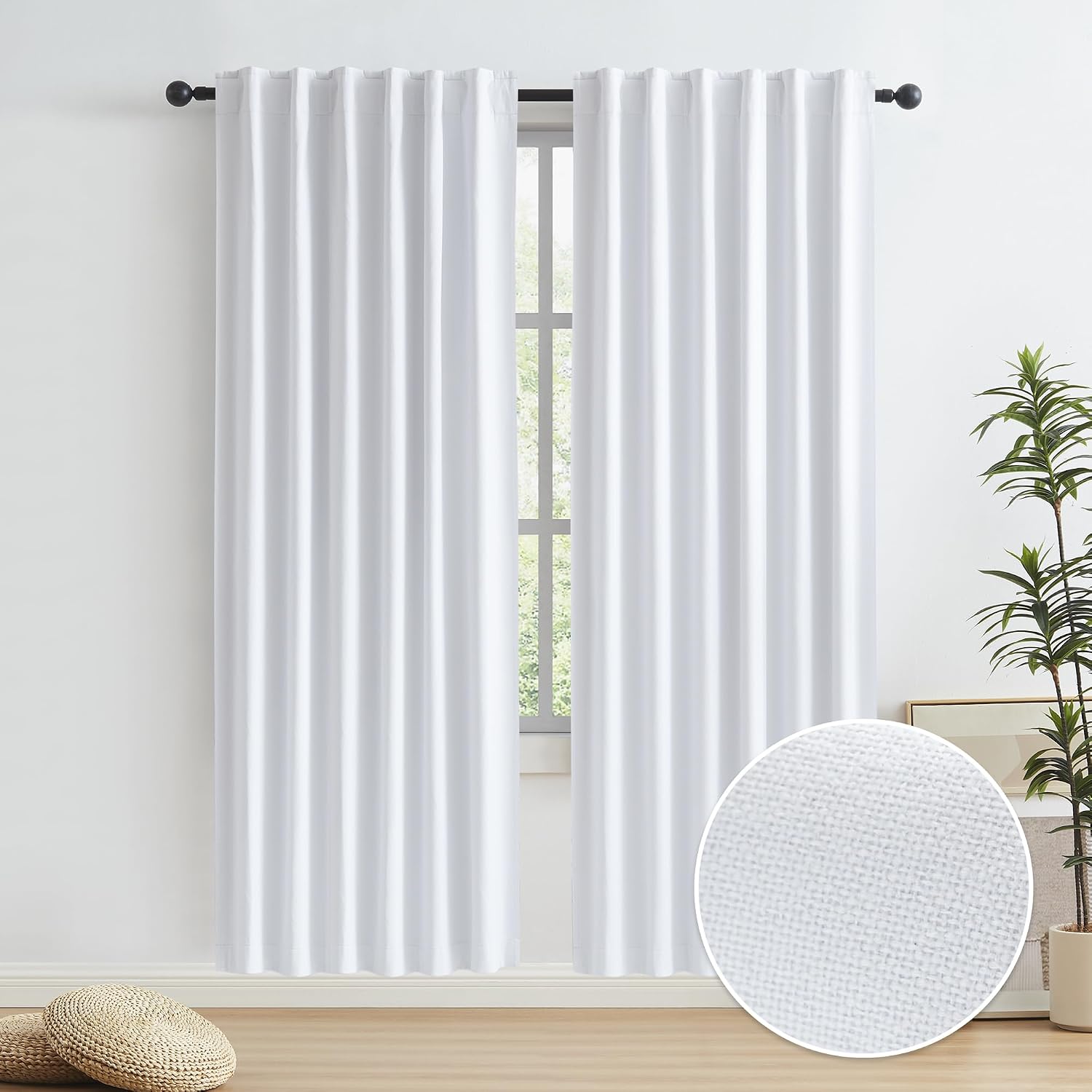 Keqiaosuocai Full Blackout Linen Curtains Back Tab Rod Pocket Bedroom Curtains 72 Inch Length Flax Burlap Textured Noise Reducing Heat Sun…