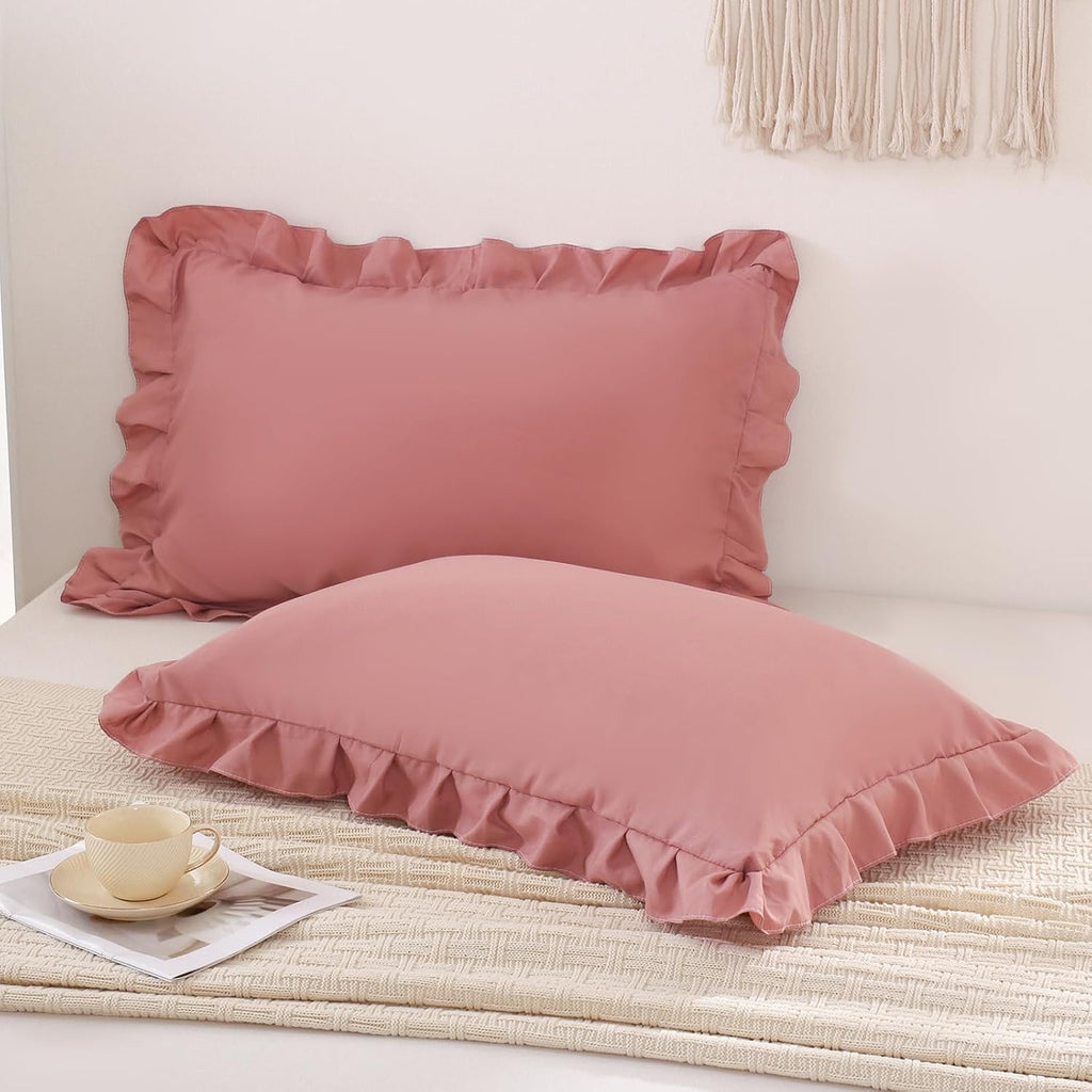 Merryword Pink Mocha Pillowcases King Pillowcases Ruffled Pillow Shams Set of 2 Cute Pillowcases Solid Ruffled Fringe Design Pink Shabby Ch…