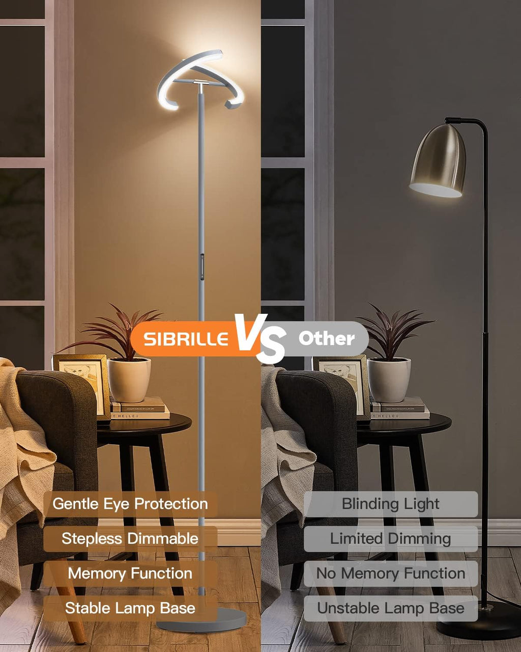 SIBRILLE Silver Floor Lamps for Living Room, Stepless Dimmable Standing Lamp with Touch Remote Control, 22W Rotatable LED Floor Light…