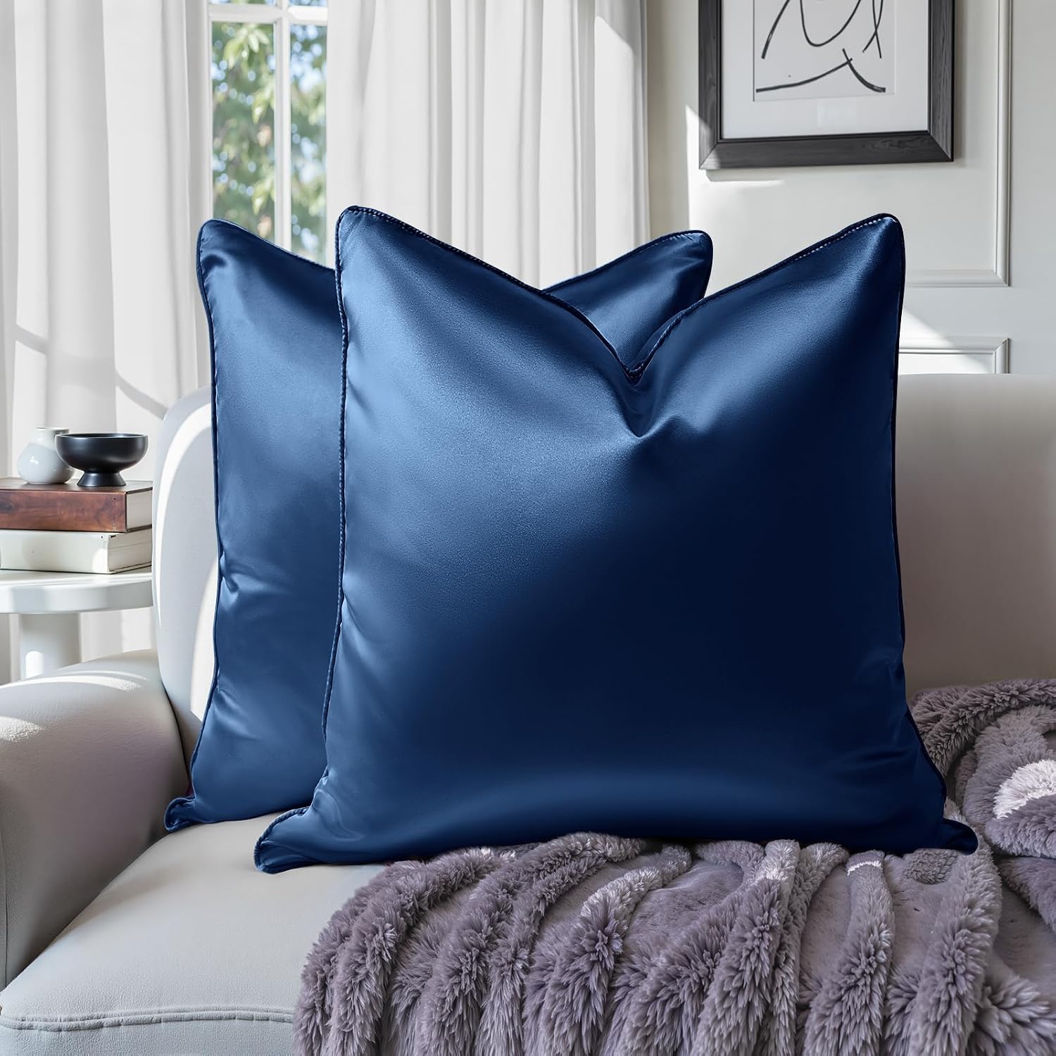 Homeideas Navy Blue Decorative Throw Pillow Covers 18x18 Set of 2, Glossy Faux Silk Pillow Covers for Couch Sofa Bed Decor Luxury Summer Eu…