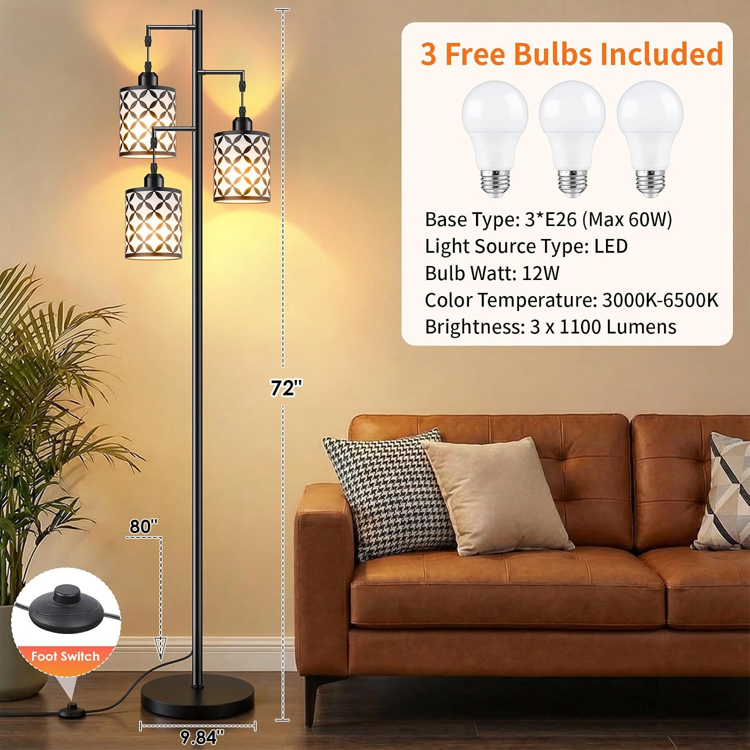 Dimmable Floor Lamp, Farmhouse Standing Lamp with Elegant Metal Cage, Industrial Tall Tree Floor Lamps for Living Room, Bedroom, Study…