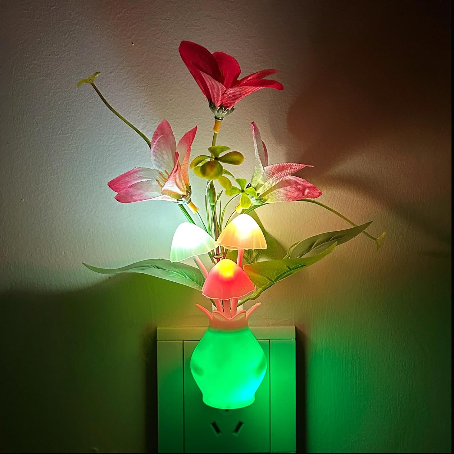 Plug-in Night Light with Auto Light Sensor, RGB LED Mushroom Night Light Wall Based Flower Lamp 1W Energy Efficient Nursery Nightlight…
