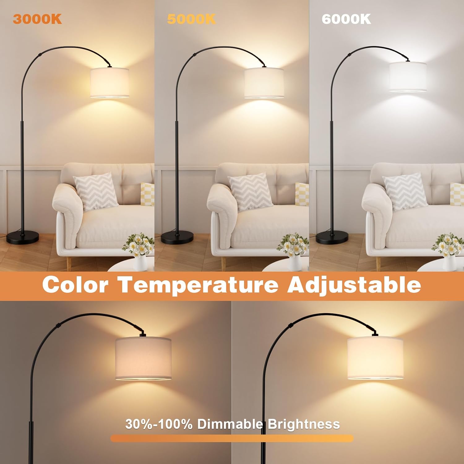 Ambimall Dimmable Arc Floor Lamp with Remote, Color Temperatures and Brightness Adjustable, Arched Floor Lamp with Rotating Head, Over…