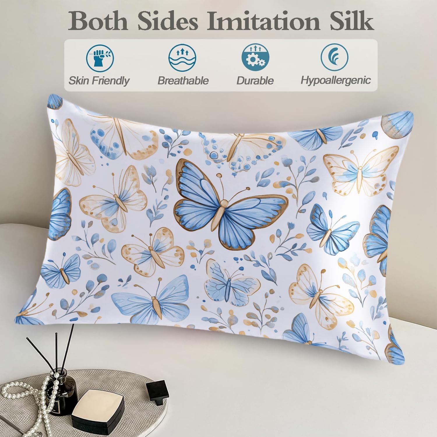 Satin Pillowcase for Hair and Skin Vintage Blue and Beige Butterfly Super Soft and Cooling Similar to Silk Pillow Case 1 Pack with Hidden…