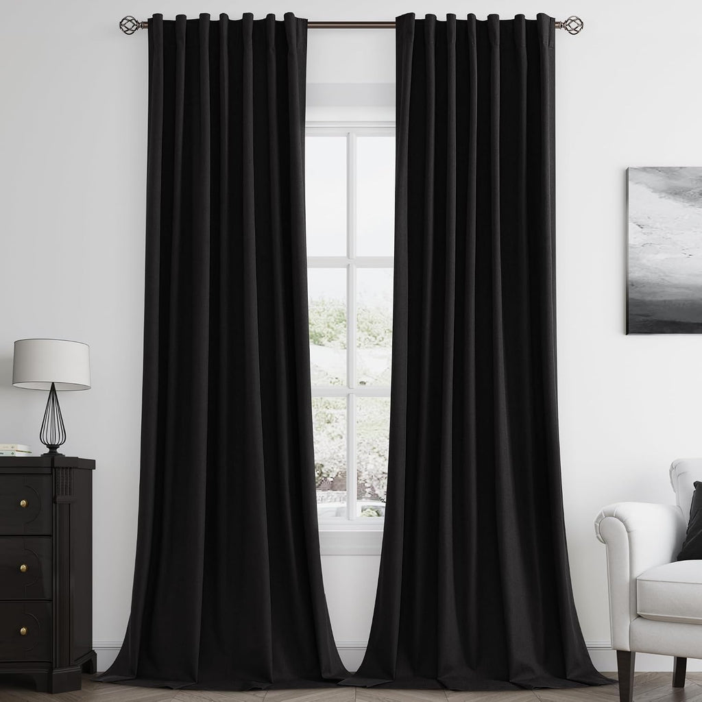 Guken Black 100% Blackout Curtains 84 Inch Length 2 Panels Set for Living Room Bedroom Back Tab Thermal Insulated Black Out Linen Drapes Ro…