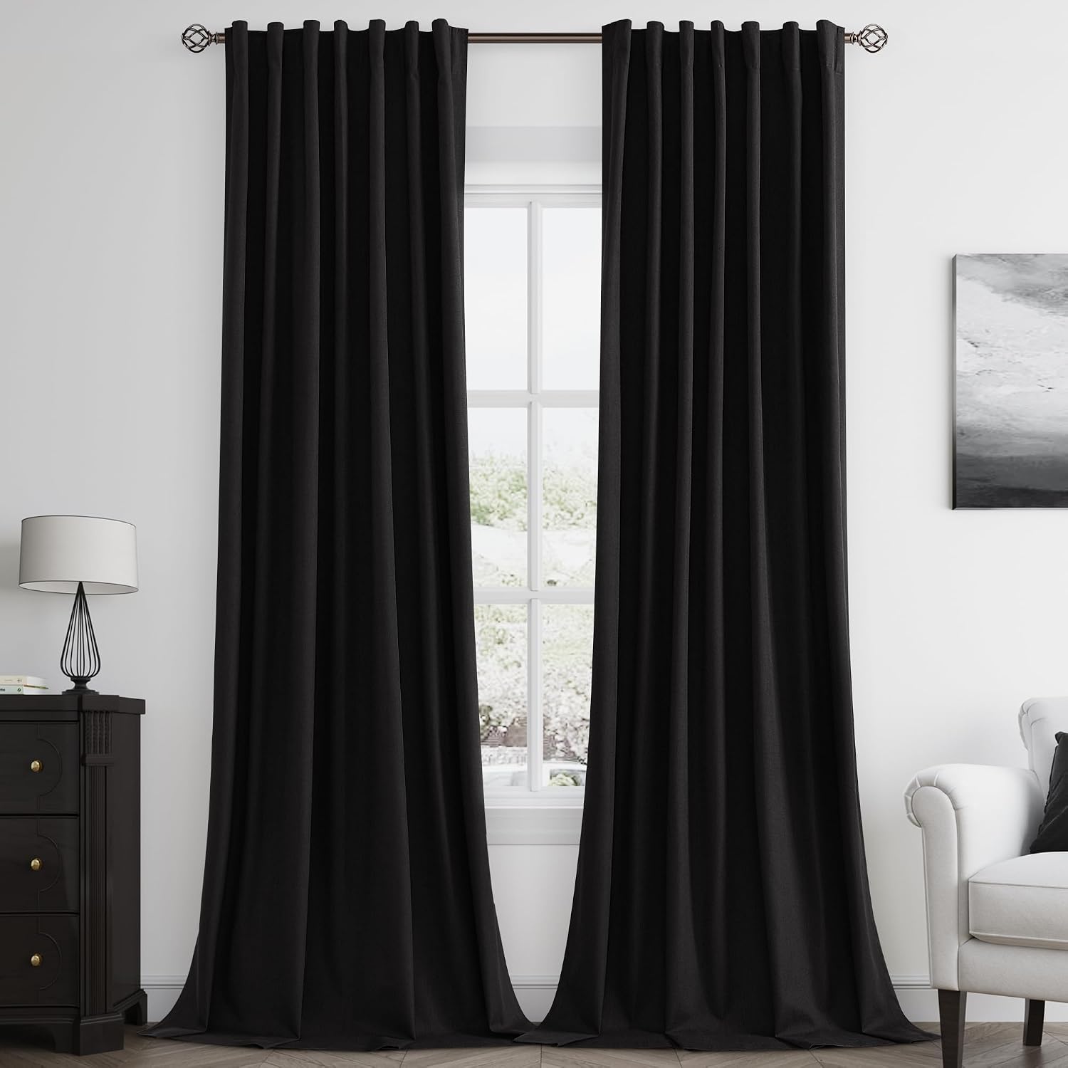 Guken Black 100% Blackout Linen Curtains 102 Inch Length 2 Panels Set for Living Room Bedroom Back Tab Thermal Insulated Black Out Drapes R…