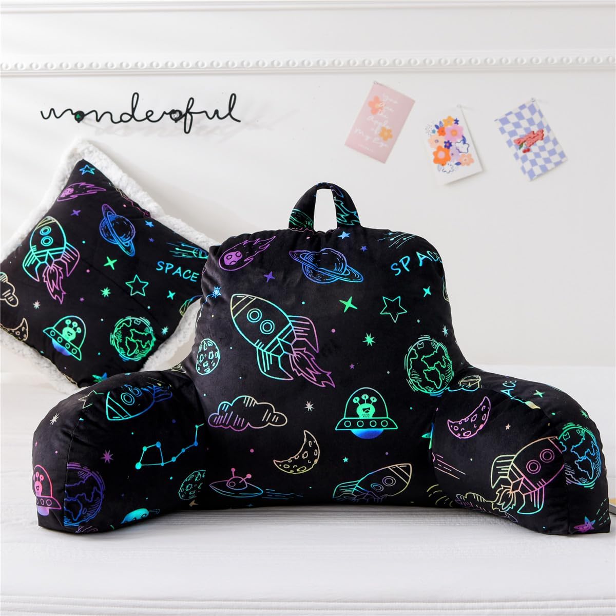 Ntbed Space Printed Reading Pillow Bed Wedge Backrest with Arms, Couch TV Relax Bed Rest Pillow Back Support Cushion for Kids Teens Boys Gi…