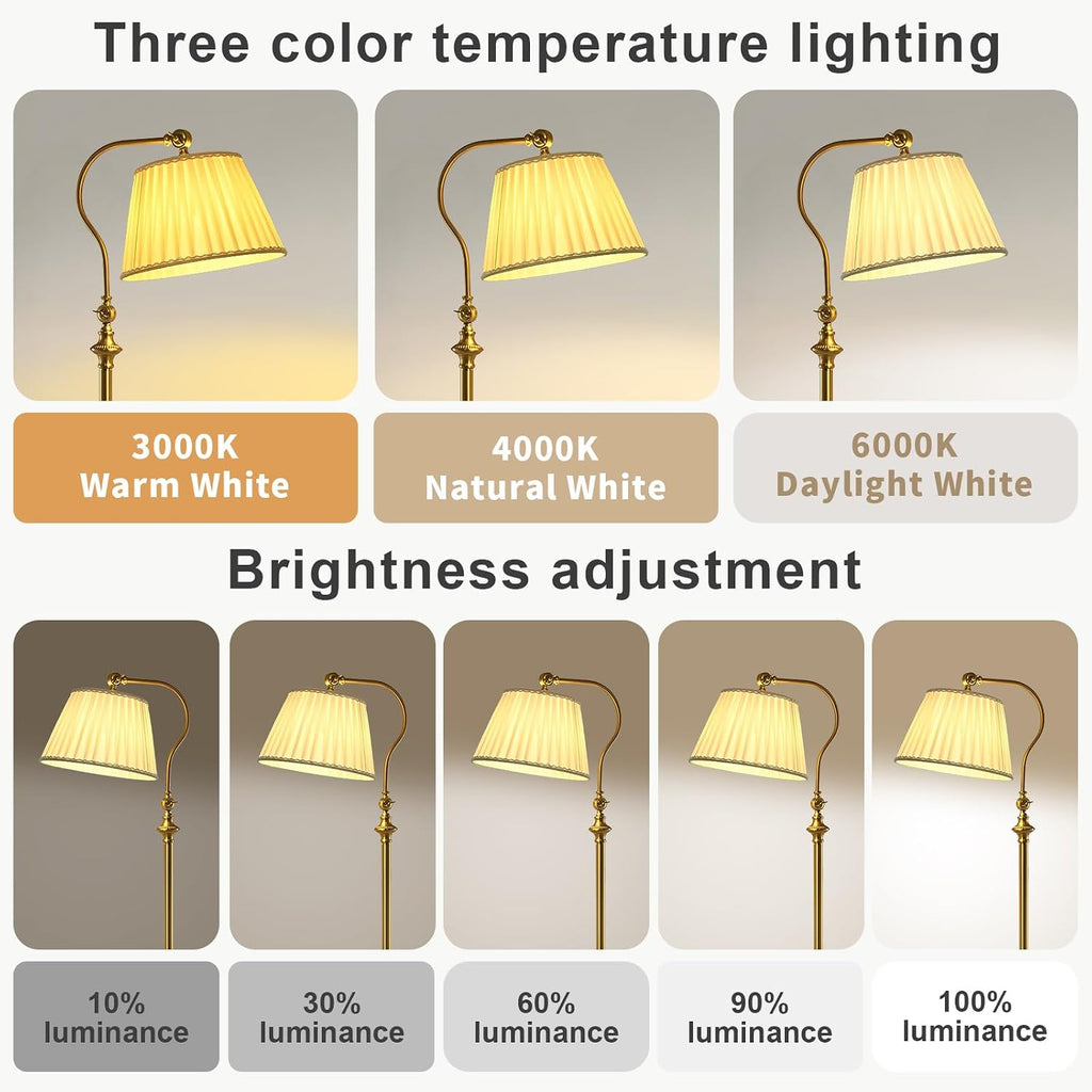 Gold Brass Floor Lamp with Fabric Shade,12W Smart Remote and Bluetooth Dimmable, Standing Lamps for Living Room Bedroom Farmhouse…