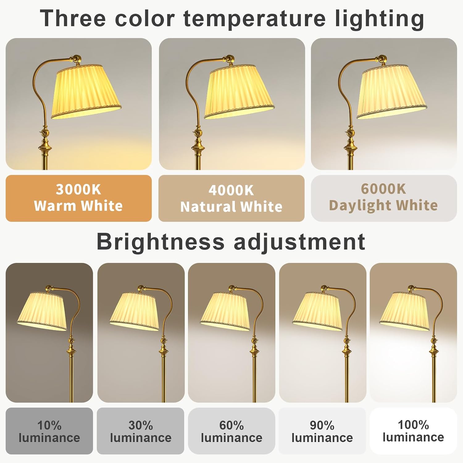 Gold Brass Floor Lamp with Fabric Shade,12W Smart Remote and Bluetooth Dimmable, Standing Lamps for Living Room Bedroom Farmhouse…