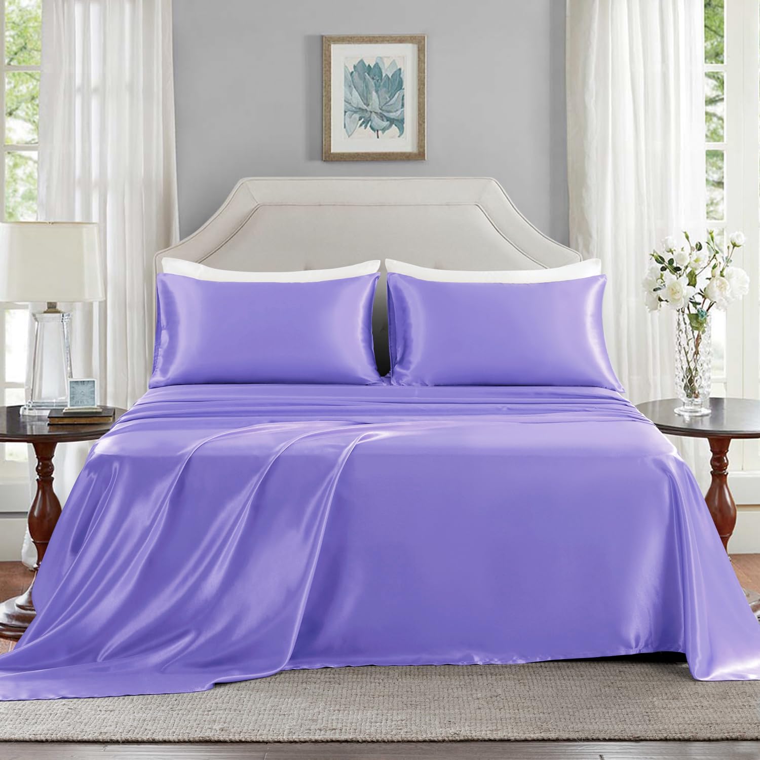 Golal Satin Sheets King Size - 4 Pieces Luxury Silky Soft Bed Sheets, Wrinkle-Free Lavender Satin Silk Sheet Set with 1 Deep Pocket Fitted…