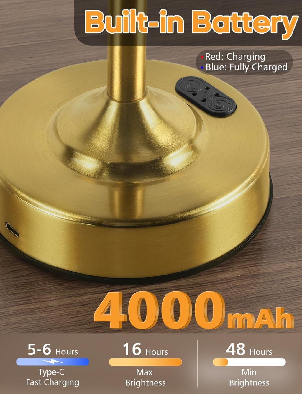 Height Adjustable Rechargeable Table Lamp with Timer, Dimmable Cordless LED Desk Lamp, 4000mAh Battery Operated Table Lamps, Gold…