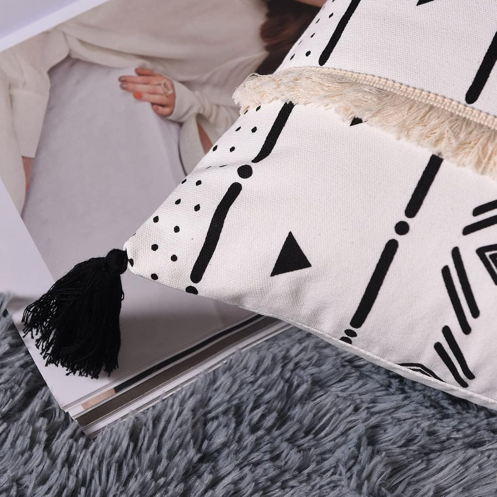 Tosewever Boho Geometric Throw Pillow Covers 18 x 18 Set of 4, Modern Stripe Farmhouse Decorative Faux Leather Cotton Pillowcase for Bedroo…