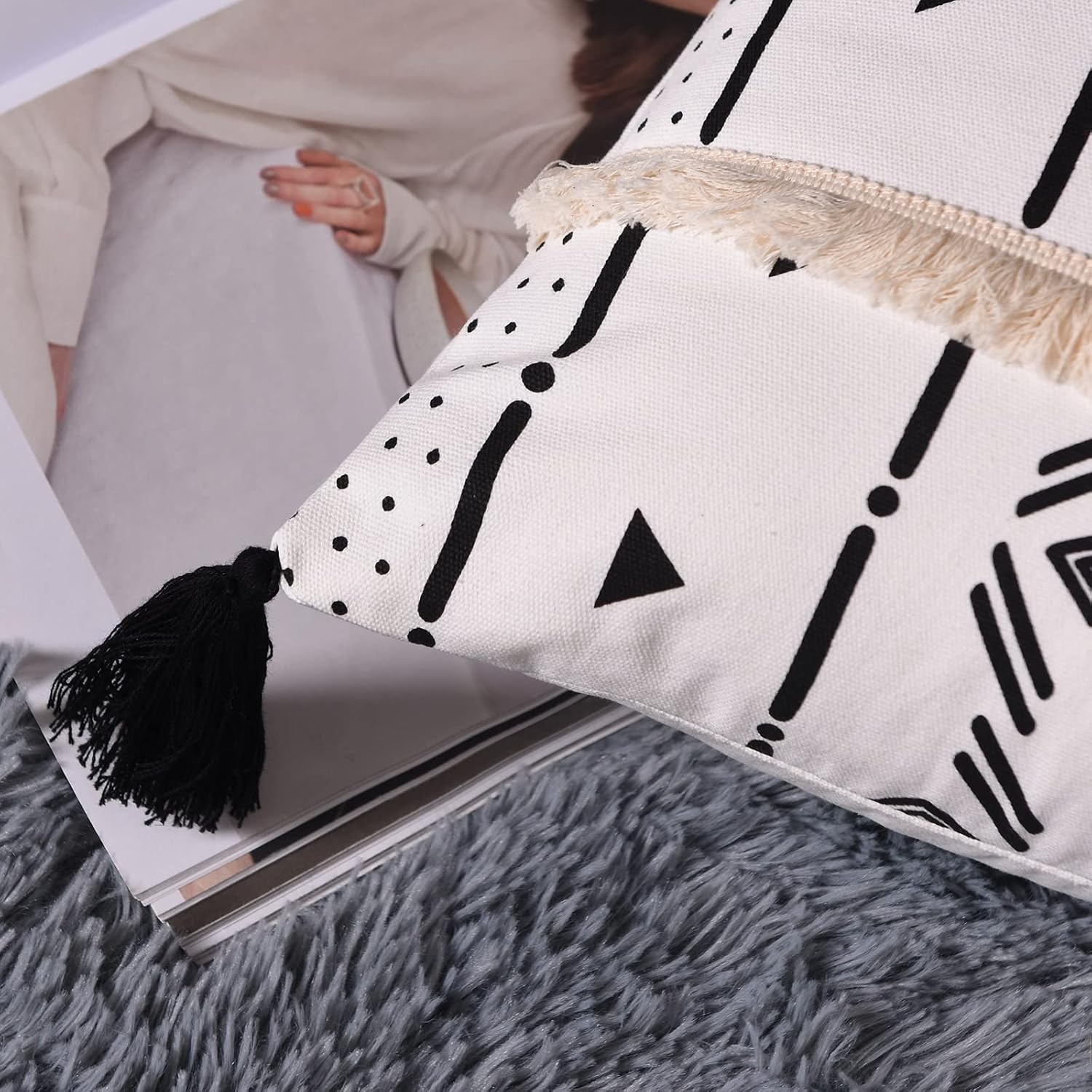 Tosewever Boho Geometric Throw Pillow Covers 18 x 18 Set of 4, Modern Stripe Farmhouse Decorative Faux Leather Cotton Pillowcase for Bedroo…