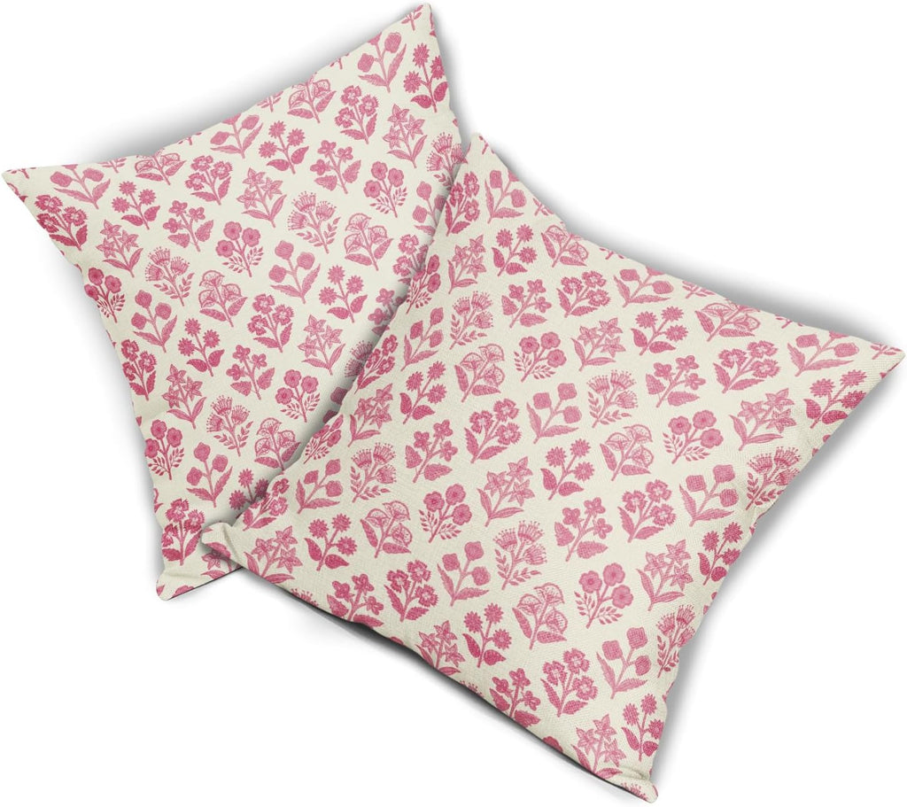 Hot Pink Floral Pillow Covers 18x18 Inch Set of 2, Vintage Flower Block Print Pattern Decorative Throw Pillowcases Outdoor Farmhouse…