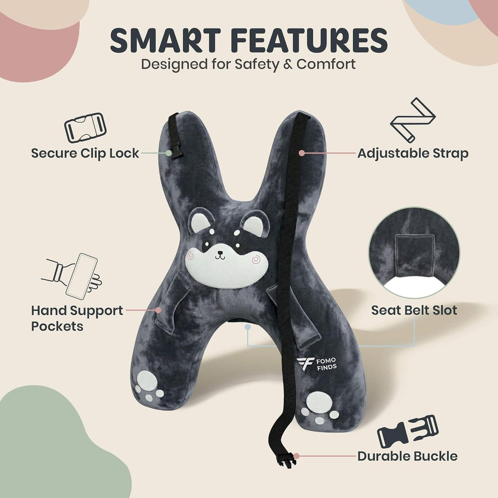 Kids Car Sleeping Pillow - X-Shaped Plush Animal for Neck & Back Support - Hands & Seat Belt Slot - Machine Washable & Compressible…