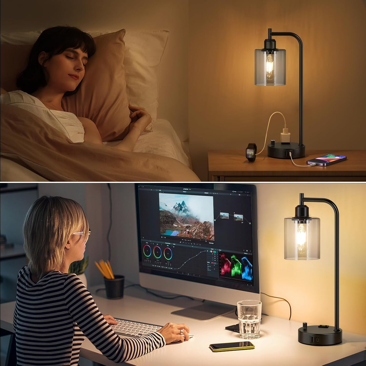 Industrial Desk Lamps for Office Set of 2 - Fully Dimmable Bedside Lamps with USB A C Ports and Outlet, Black Nightstand Lamps with Grey…